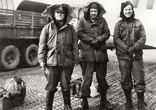 Flt Lt Ned Grose, F/O Ted Leach, Cpl Ted Ilton - On the tarmac Pusan, Korea. Sep 1952