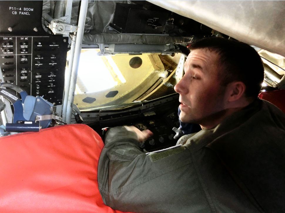 Tyler Williams, at his boom operator position in the KC-135